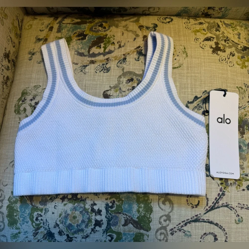 NWT ALO Yoga Tennis Club White and Crystal Blue Striped Knit Bra Top ONLY